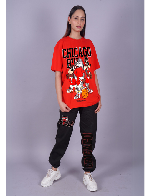 Women Chicago Bulls Oversized Co-Ord Set - Red and Black