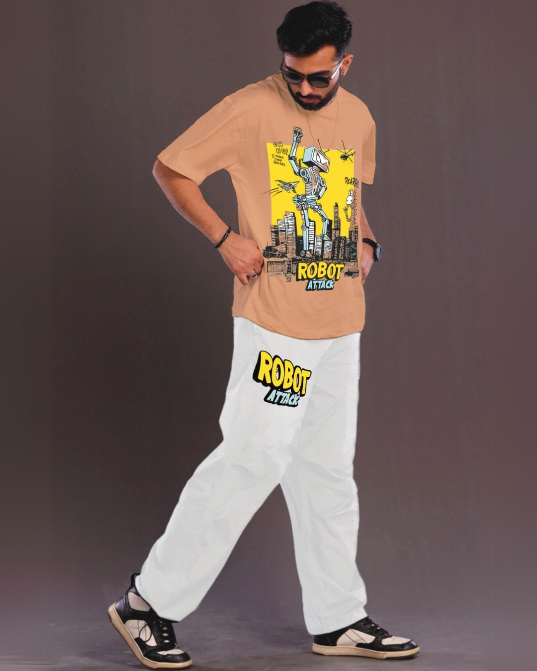 Robot Attack Men's Oversized Beige and White Coord Set