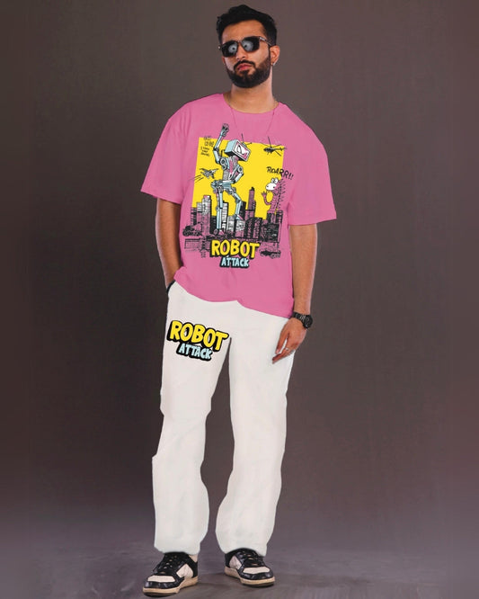 Robot Attack Men's Oversized Pink and White Coord Set