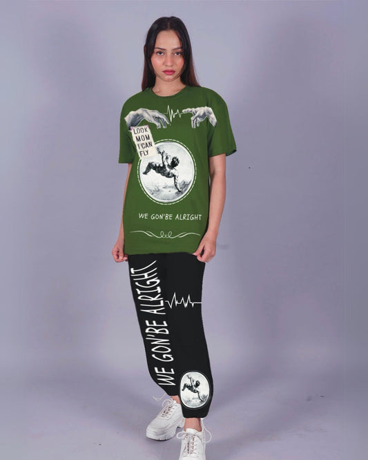Women Alright Oversized Co-Ord Set - Olive and Black(*)