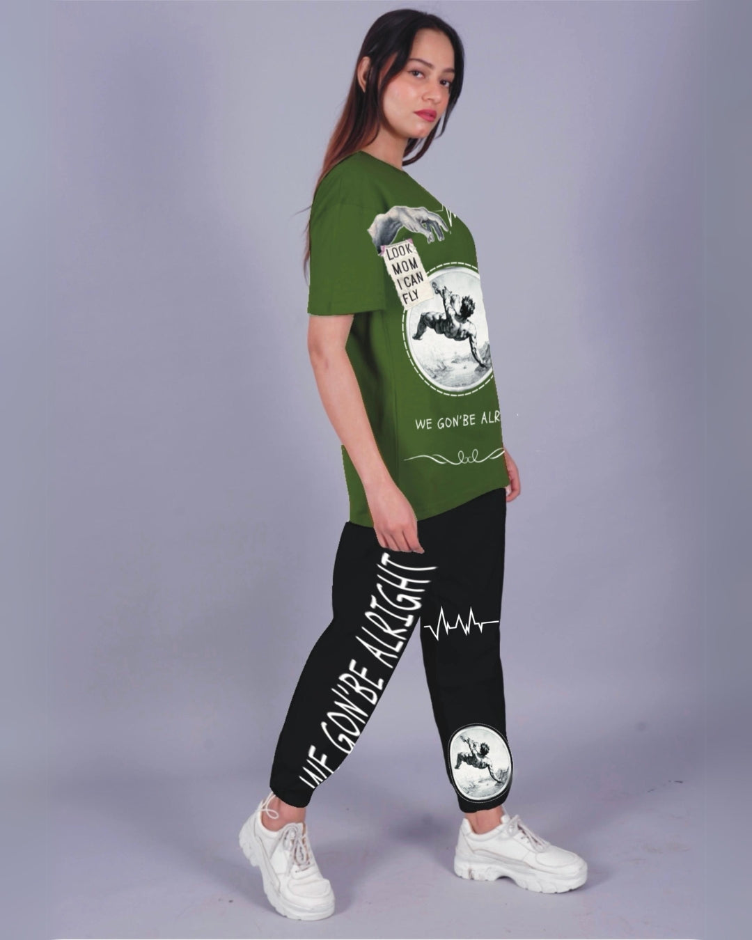 Women Alright Oversized Co-Ord Set - Olive and Black(*)