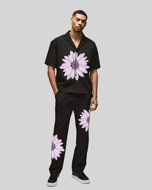 Floral Style Half Sleeve Oversized Knitted Shirt Cord Set - Black and Black(*)
