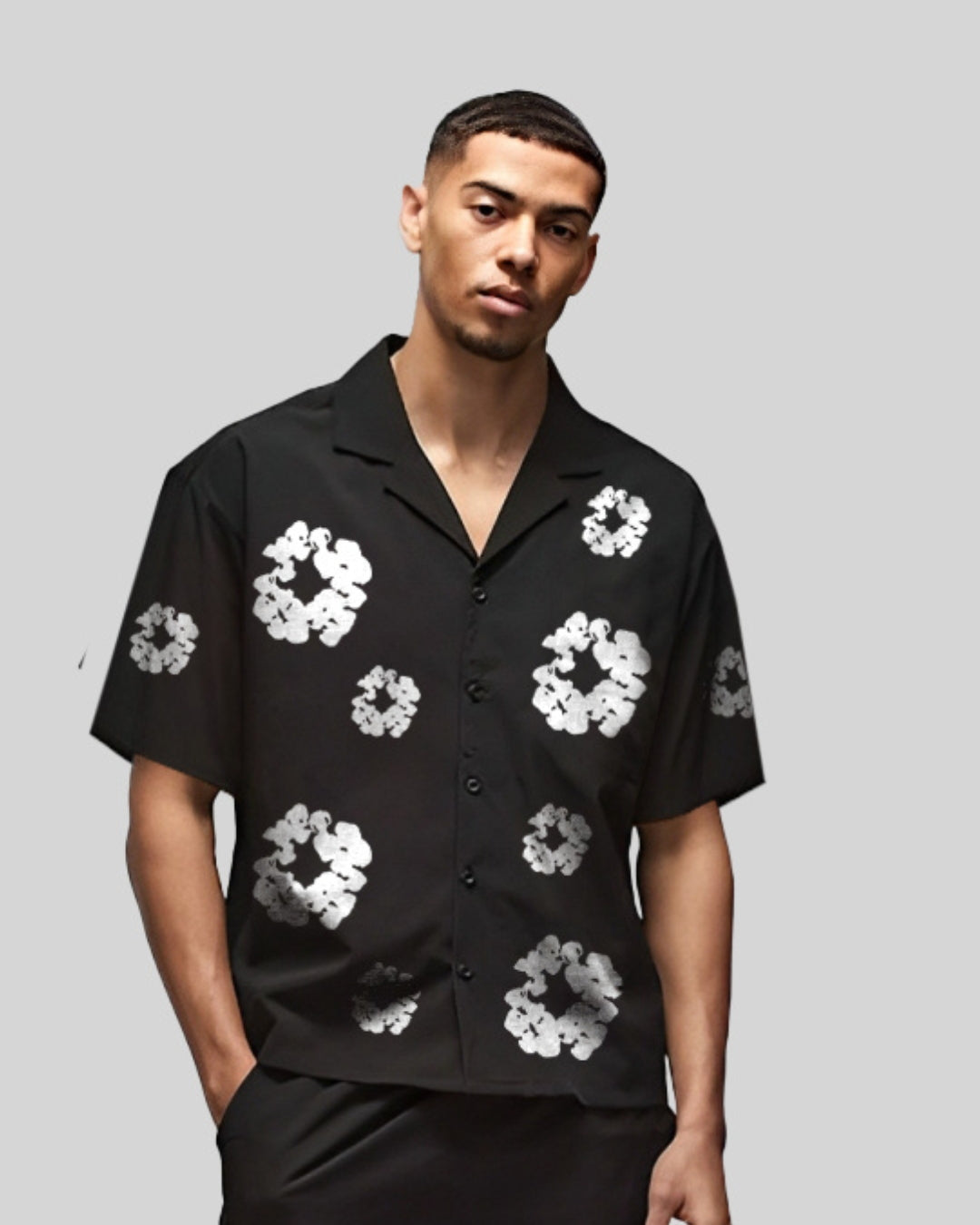 VINTAGE FLOWER HALF SLEEVE BLACK OVERSIZED KNITTED SHIRT(*)