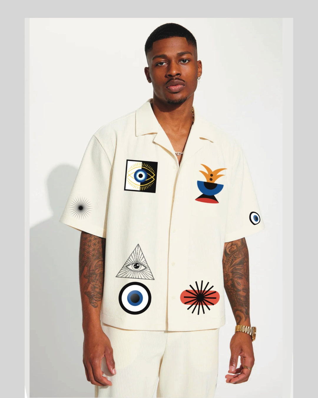 EVIL EYE HALF SLEEVE WHITE OVERSIZED KNITTED SHIRT