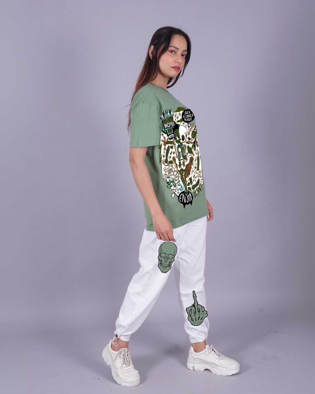 Women Cool Skull Oversized Co-Ord Set - Mint Green and White