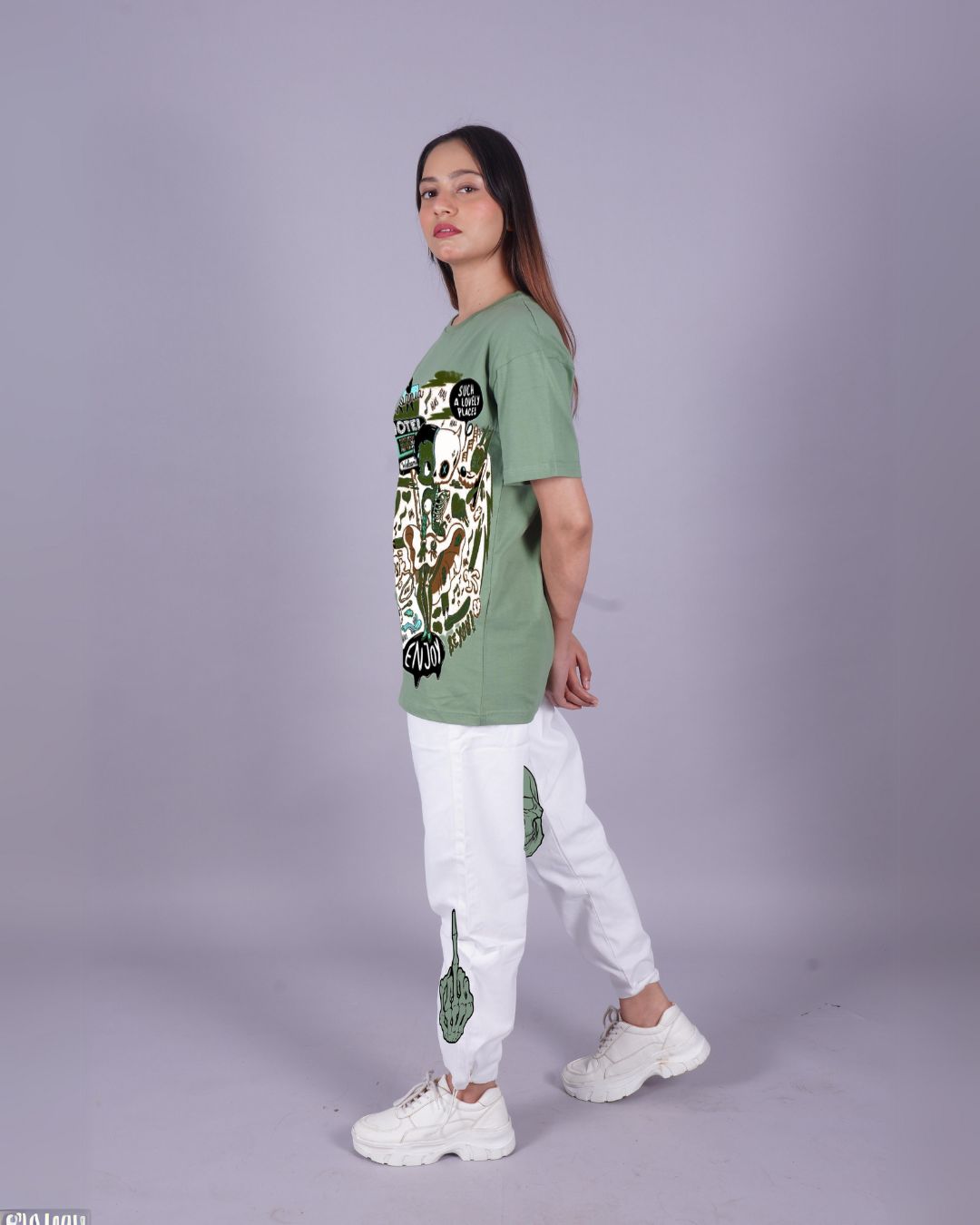 Women Cool Skull Oversized Co-Ord Set - Mint Green and White