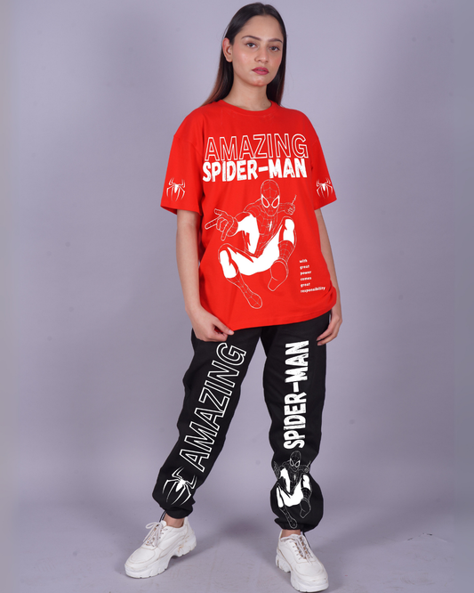 Women Spidey Actions Oversized Co-Ord Set - Red and Black