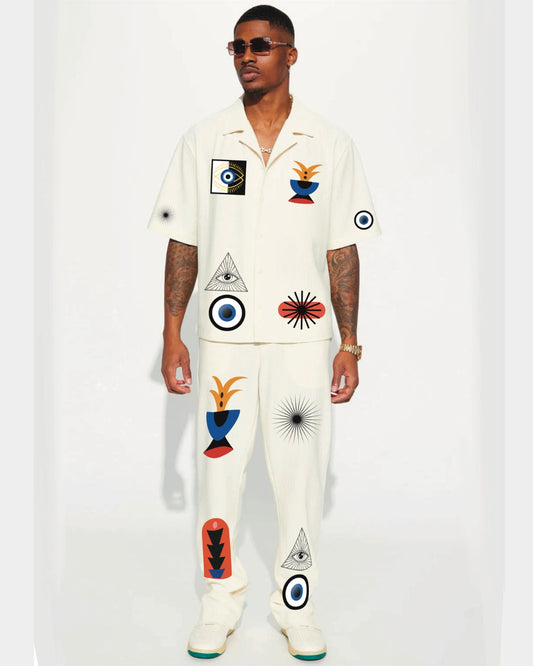 Half Sleeve Evil Eye Oversized Knitted Shirt Cord Set - White and White(*)