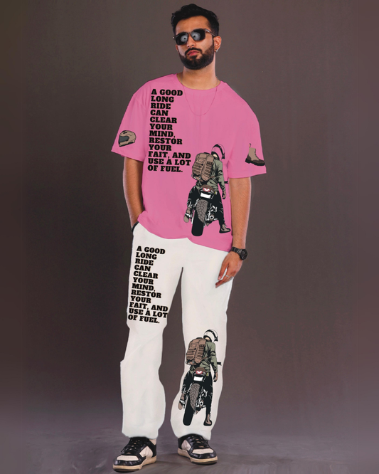 Men's Bike Lover Oversized Co-Ord Set - Pink and White(*)