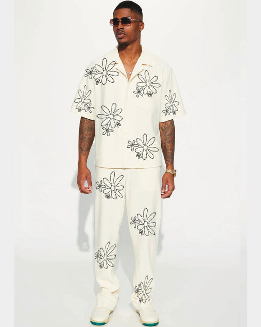Half Sleeve Vacation Vibes Oversized Knitted Shirt Cord Set - White and White(*)