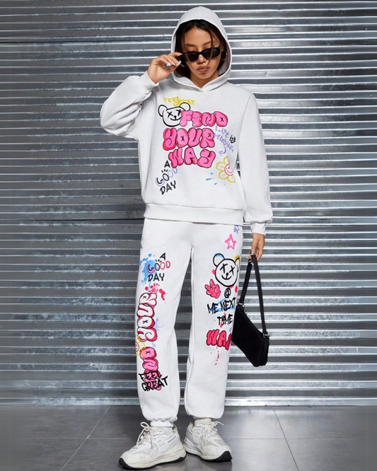 Women Find Your Way Hoodie Oversized Co-ord Set - White and White