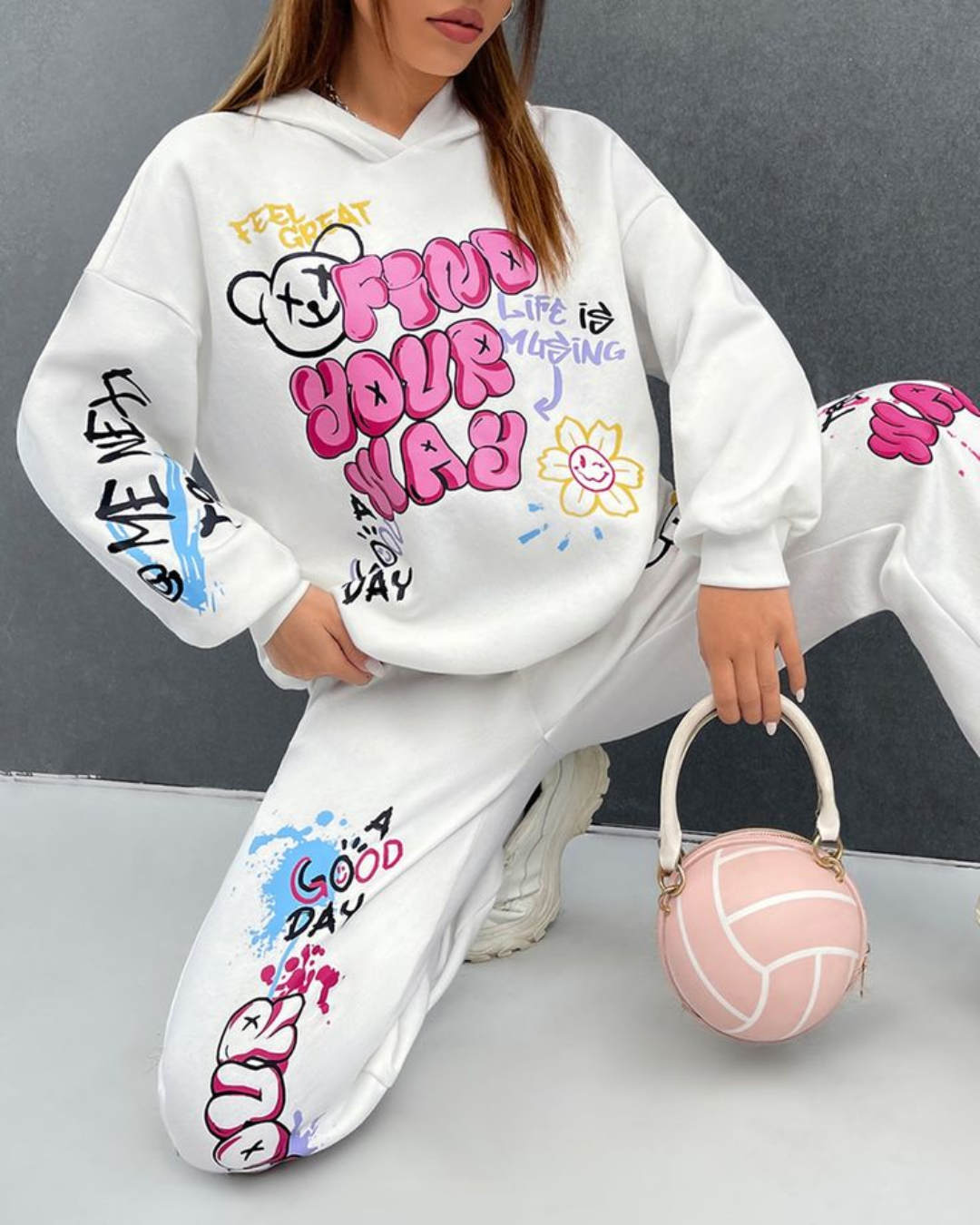 Women Find Your Way Hoodie Oversized Co-ord Set - White and White