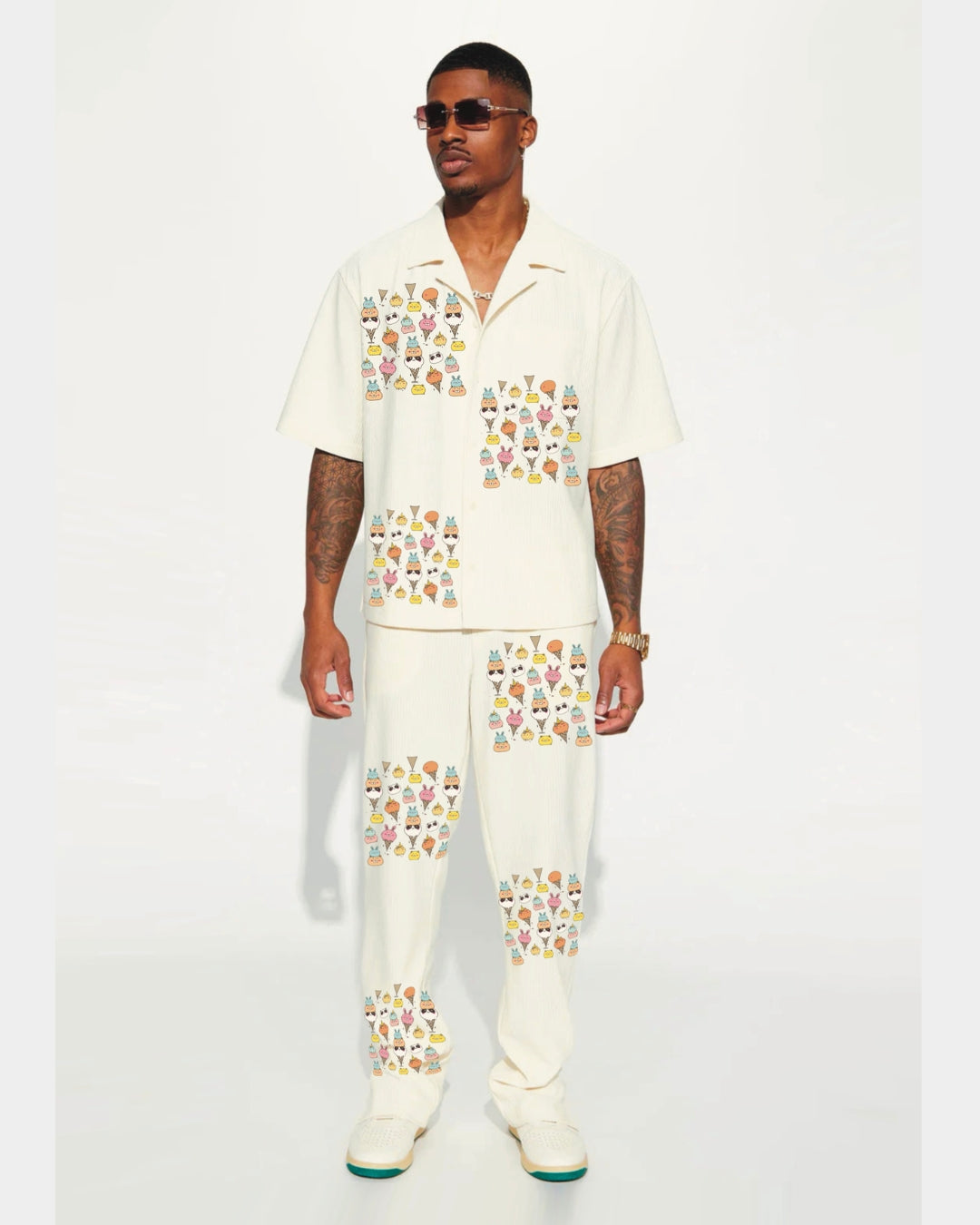 HALF SLEEVE ICE CREAM OVERSIZED KNITTED SHIRT CORD SET - WHITE AND WHITE