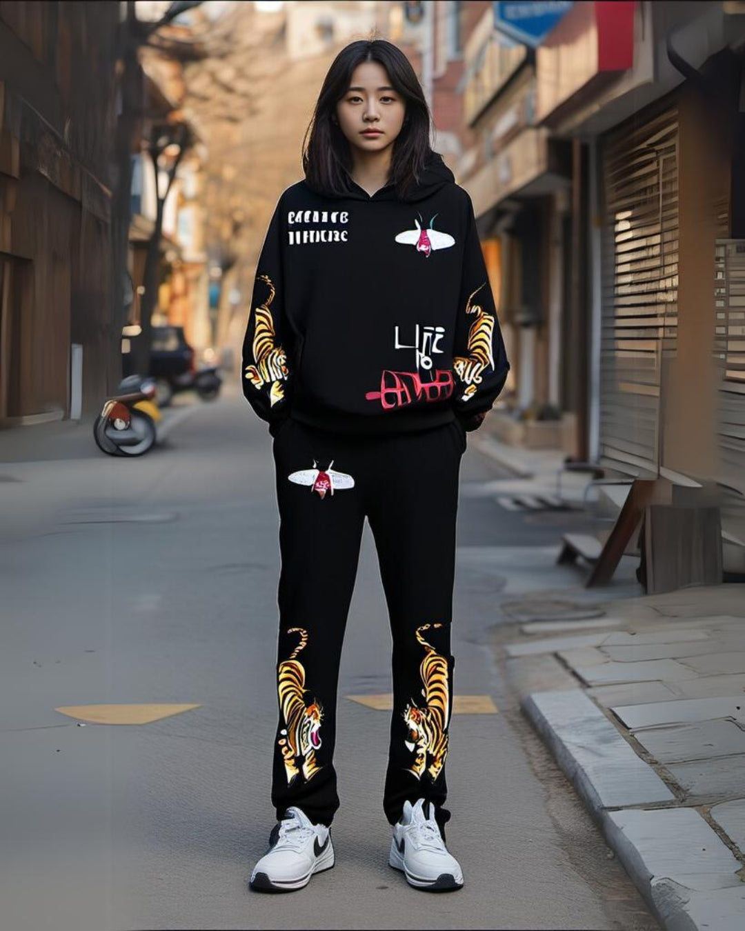 WOMEN TIGER ROAR HOODIE OVERSIZED CO-ORD SET - BLACK AND BLACK(*)
