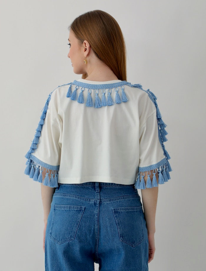 Set of 3 Off-white & Pink Tassel-Trimmed Cotton Tops
