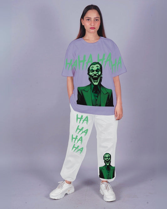 Women Happy Joker Oversized Co-Ord Set - Purple and White