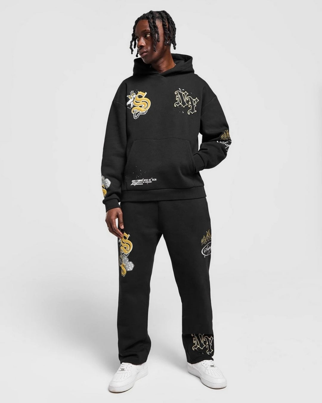 MEN'S NY DRAGON HOODIE OVERSIZED CO-ORD SET - BLACK AND BLACK
