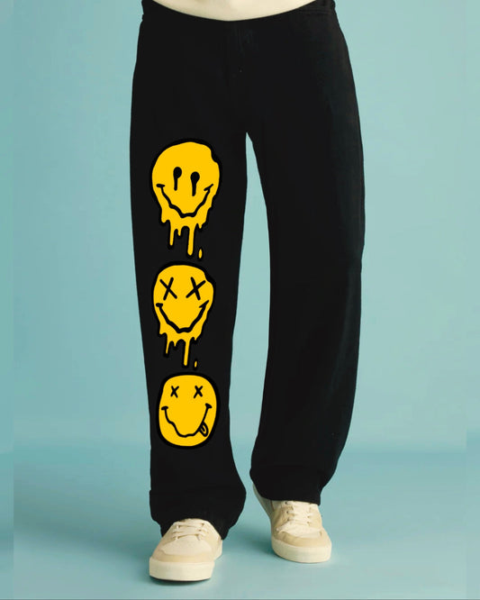Men Black Cotton Pants with Playful Smiley(*)