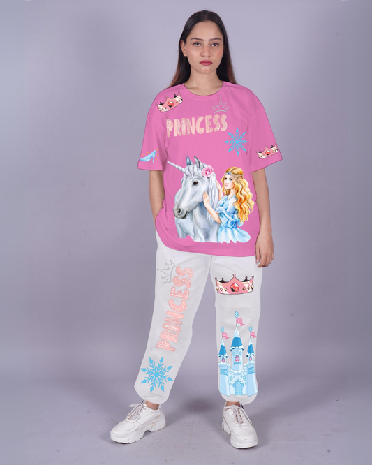 Women Princess Design Oversized Co-Ord Set - Pink and White