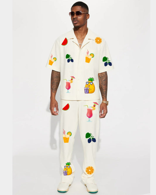Half Sleeve Beach Style Oversized Knitted Shirt Cord Set - White and White(*)