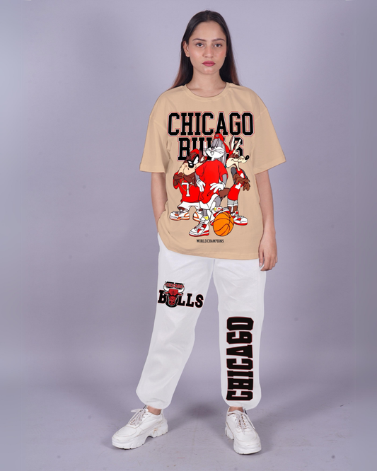 Women Chicago Bulls Oversized Co-Ord Set - Beige and White