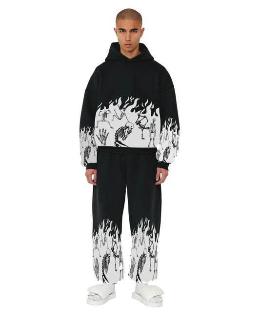 Men's Chilling Skeleton Hoodie Oversized Co-ord Set - Black and Black