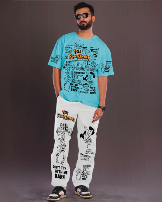 Men's The Flintstones Oversized Co-Ord Set - Blue and White