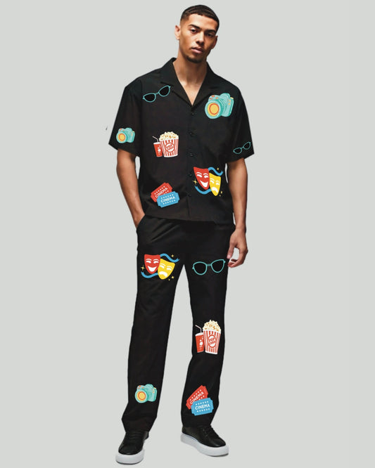 Popcorn Delight Half Sleeve Oversized Knitted Shirt Cord Set - Black and Black(*)