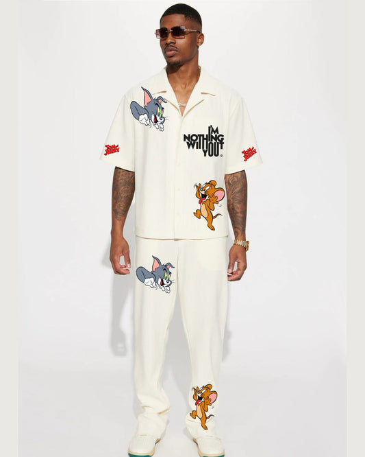 Tom & Jerry Half Sleeve Oversized Knitted Shirt Cord Set - White and White(*)