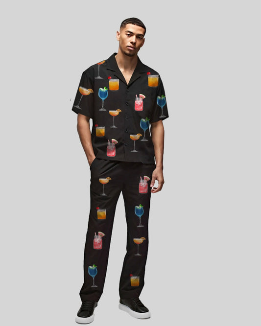 Drinks Half Sleeve Oversized Knitted Shirt Cord Set - Black and Black(*)