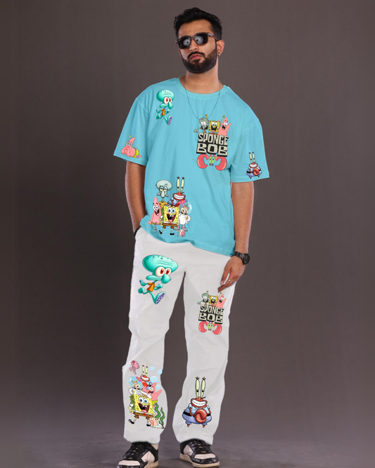 Men's SpongeBob Graphic Oversized Co-Ord Set - Blue and White