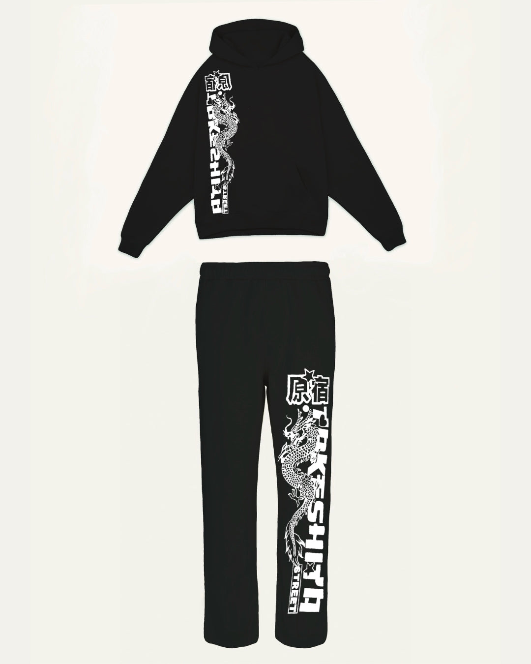 Men's Japanese Dragon Hoodie Oversized Co-ord Set - Black and Black