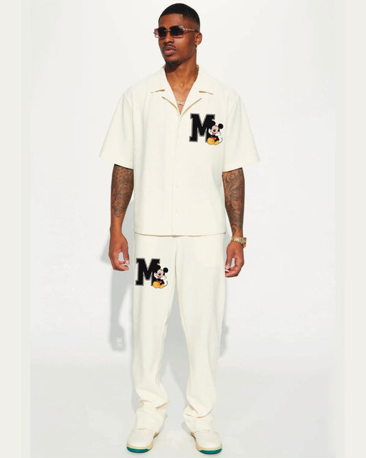 Mickey Boy Half Sleeve Oversized Knitted Shirt Cord Set - White and White(*)