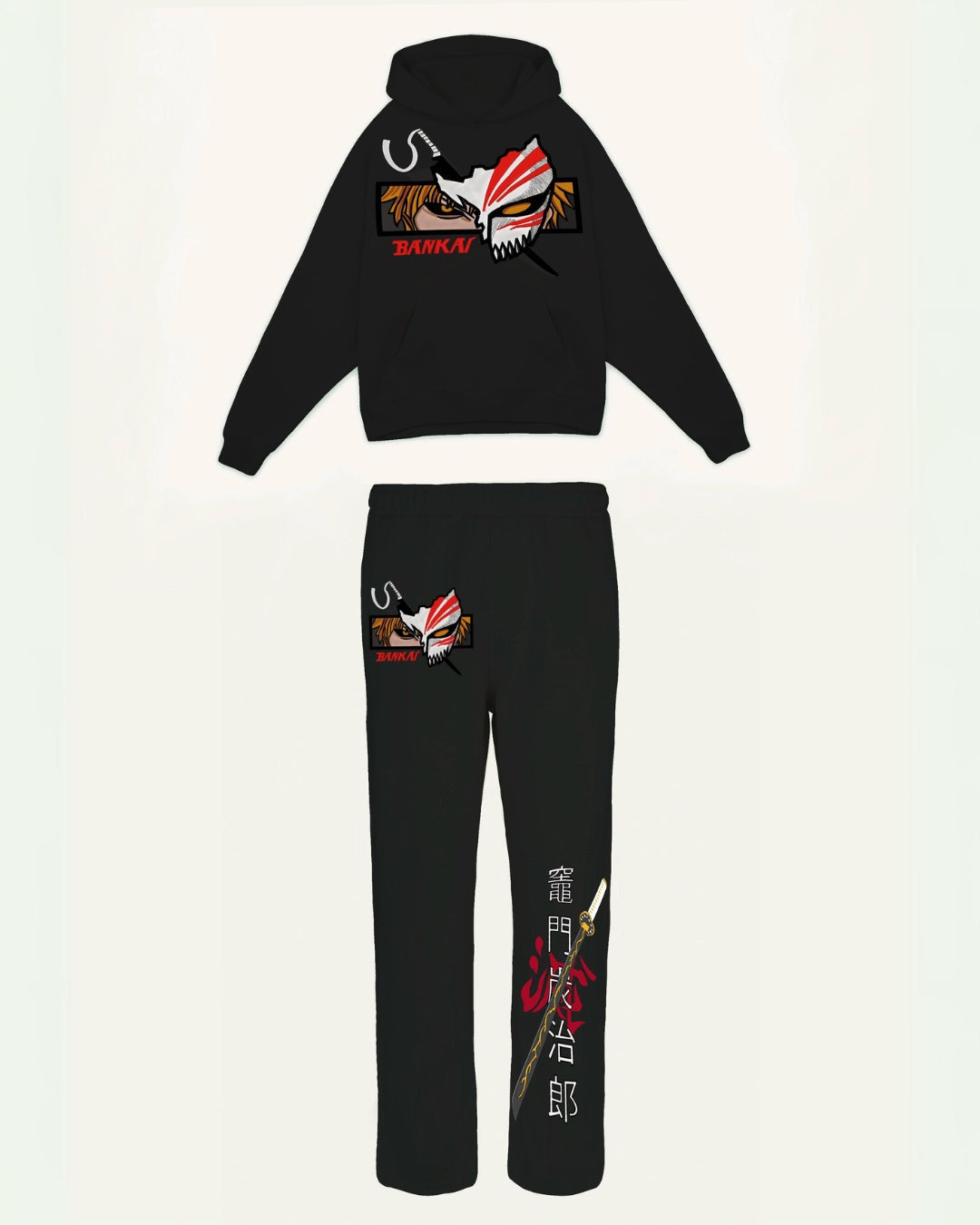 MEN'S BANKAI HOODIE OVERSIZED CO-ORD SET - BLACK AND BLACK