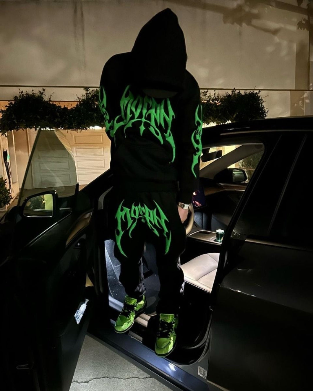 MEN'S GREEN CODE HOODIE OVERSIZED CO-ORD SET - BLACK AND BLACK