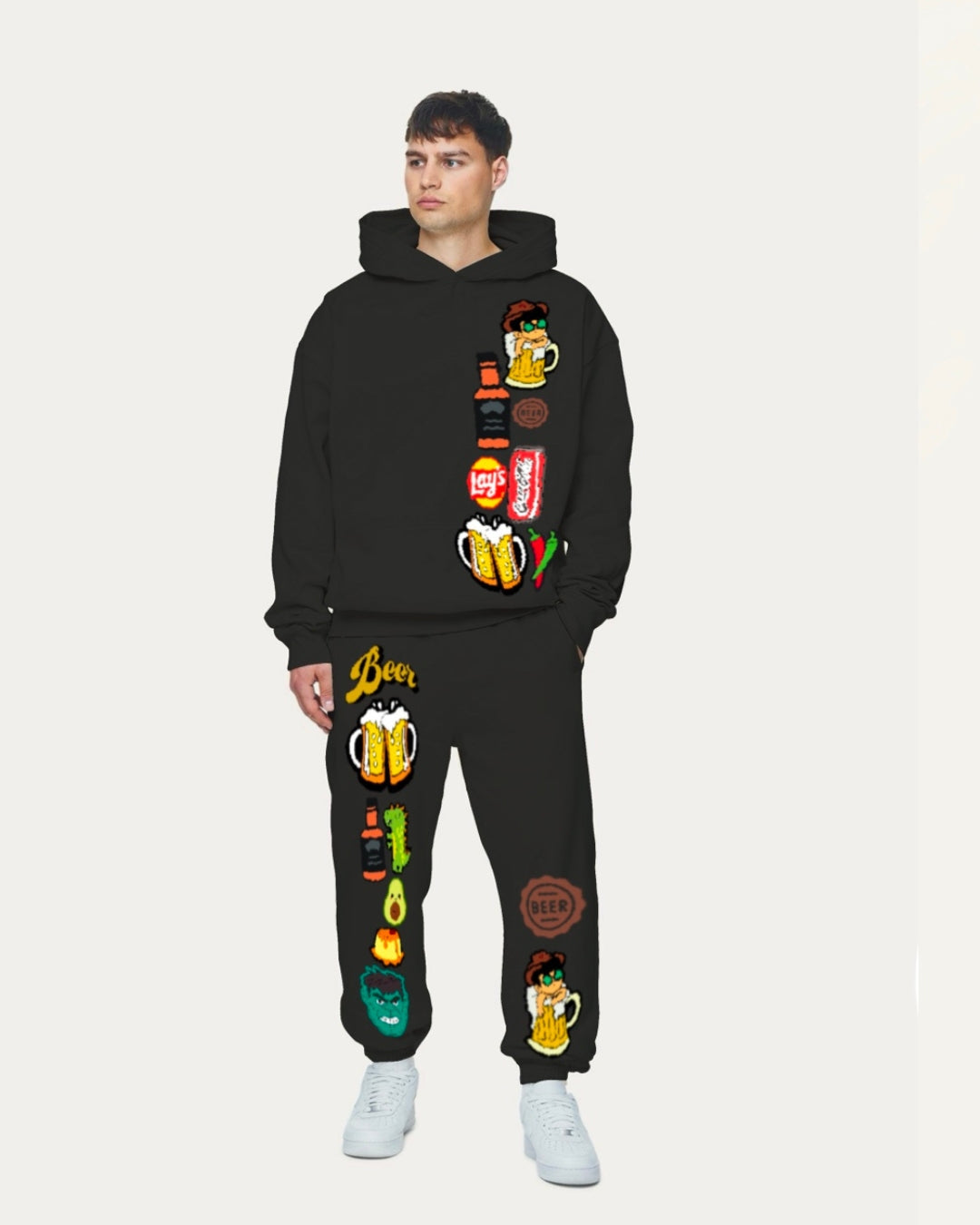 Men's BeerFood Oversized Hoodie Co-ord Set - Black and Black