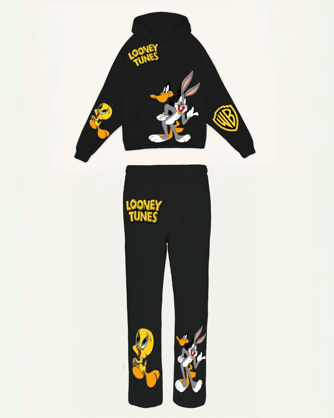 WOMEN LOONEY TUNES HOODIE OVERSIZED CO-ORD SET - BLACK AND BLACK