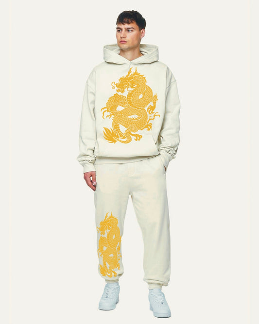 Men's Golden Dragon Oversized Hoodie Co-ord Set - White and White