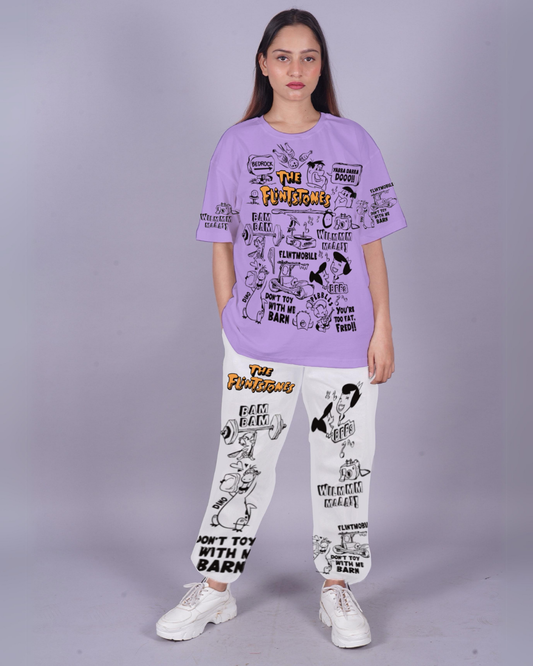 Women The Flintstones Oversized Co-Ord Set - Purple and White