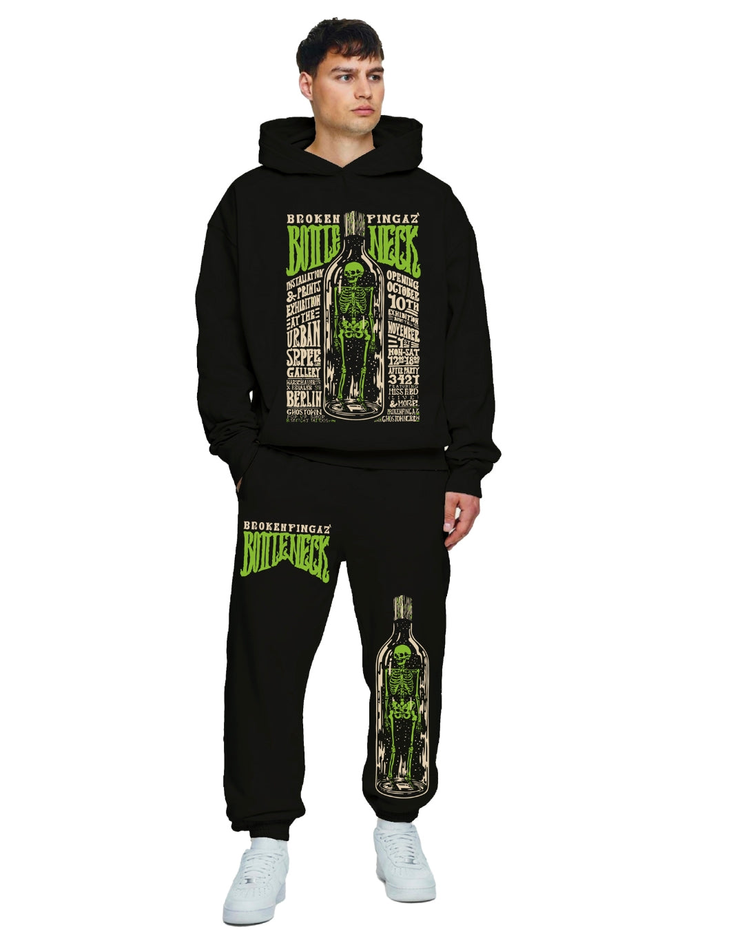 MEN'S BOTTLE NECK OVERSIZED HOODIE CO-ORD SET - BLACK AND BLACK