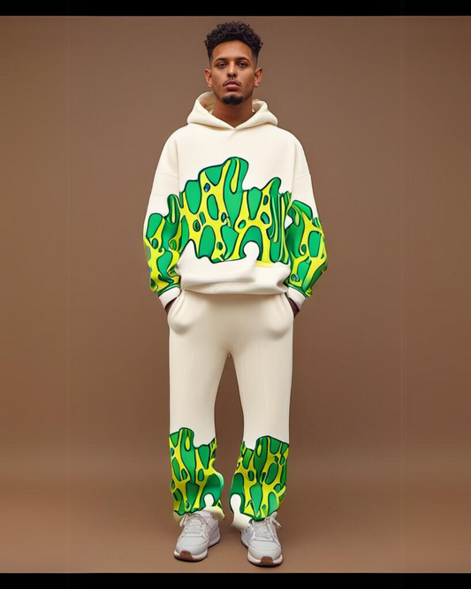 MEN'S GREEN FIRE EDITION HOODIE OVERSIZED CO-ORD SET - WHITE AND WHITE
