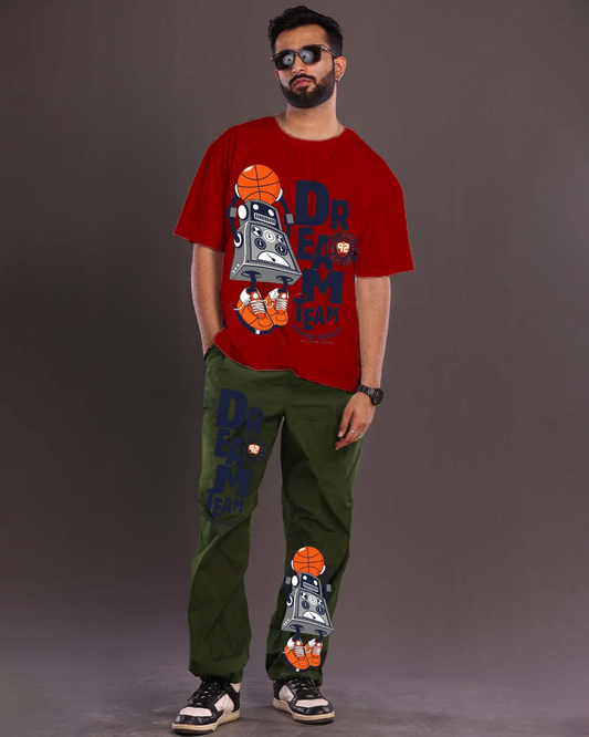 Men's Dream Team Oversized Co-Ord Set - Red and Olive(*)