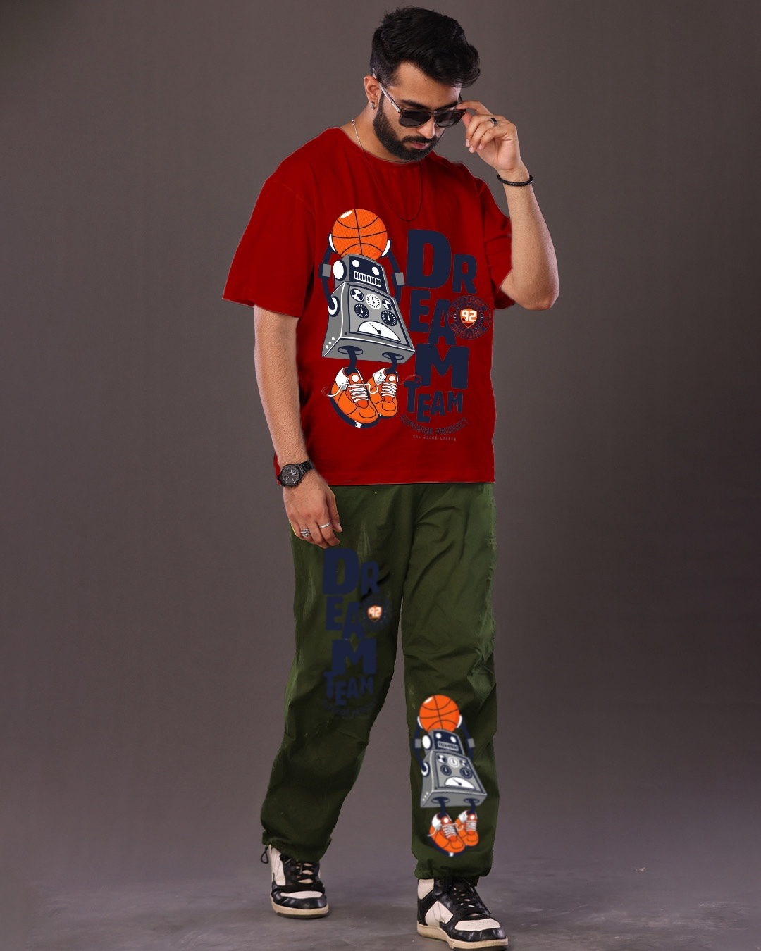Men's Dream Team Oversized Co-Ord Set - Red and Olive(*)