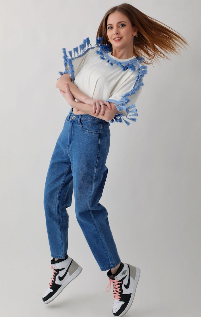 WOMEN'S OVERSIZED TOPS: OFF-WHITE WITH BLUE TASSEL TRIM