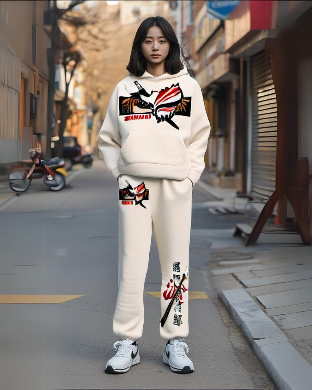 Women Bankai Hoodie Oversized Co-ord Set - White and White