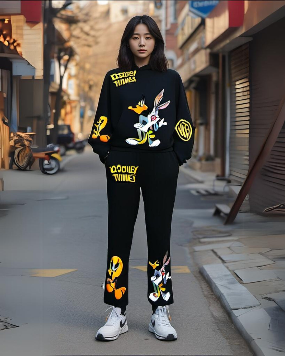 WOMEN LOONEY TUNES HOODIE OVERSIZED CO-ORD SET - BLACK AND BLACK