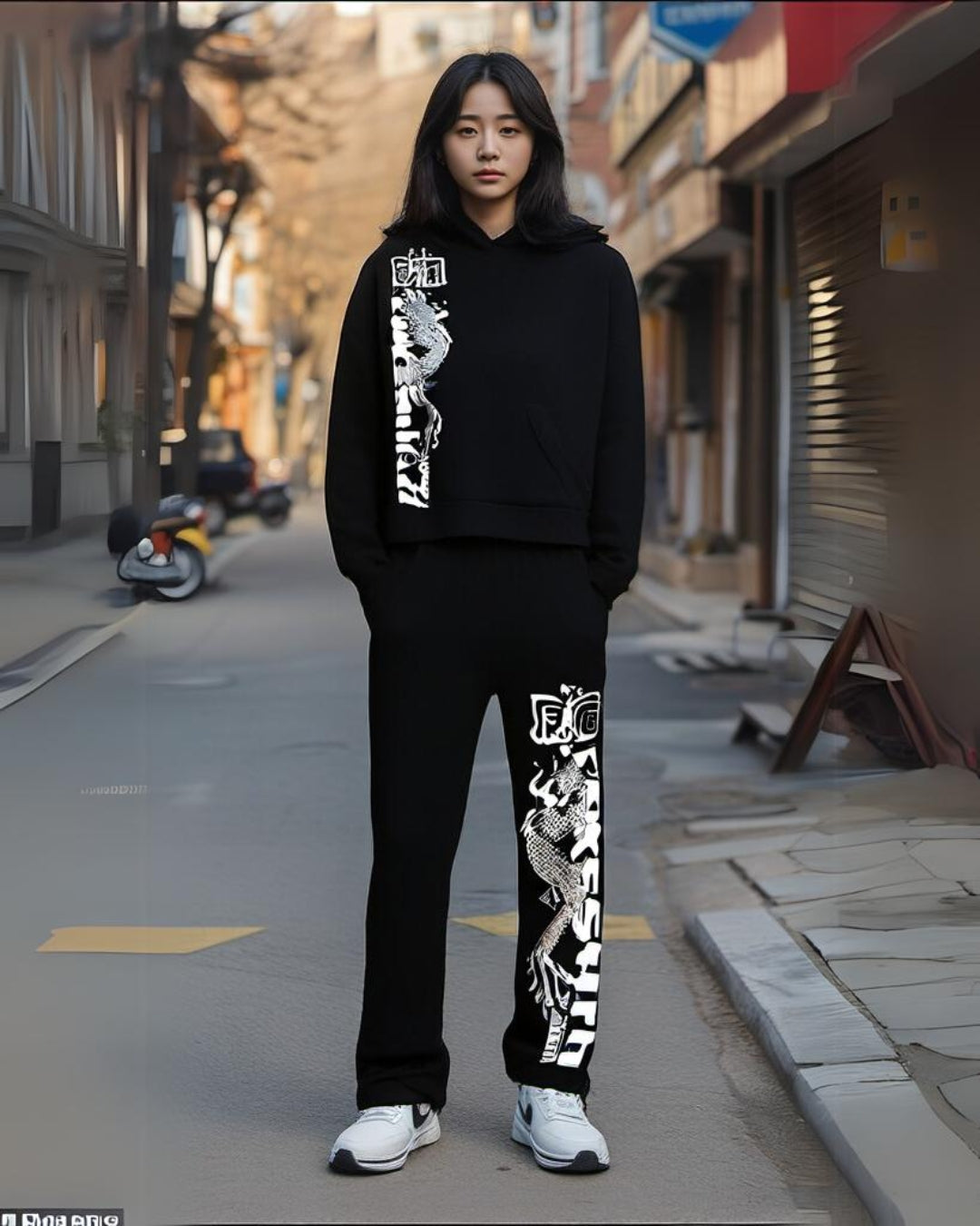 WOMEN JAPANESE DRAGON HOODIE OVERSIZED CO-ORD SET - BLACK AND BLACK