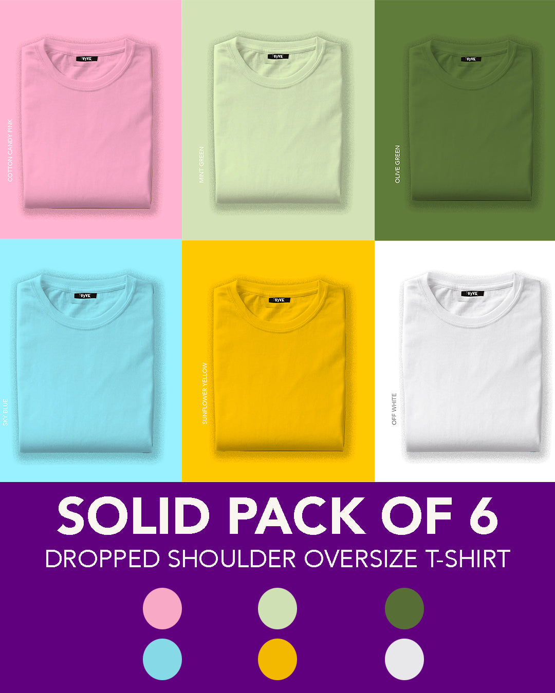 SOLIDS PACK OF 6: OVERSIZED T SHIRTS - 100% COTTON