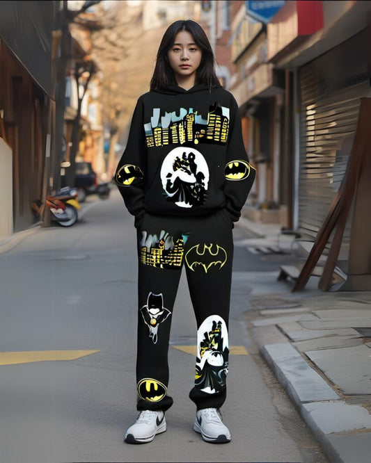 Women Batman Hoodie Oversized Co-ord Set - Black and Black