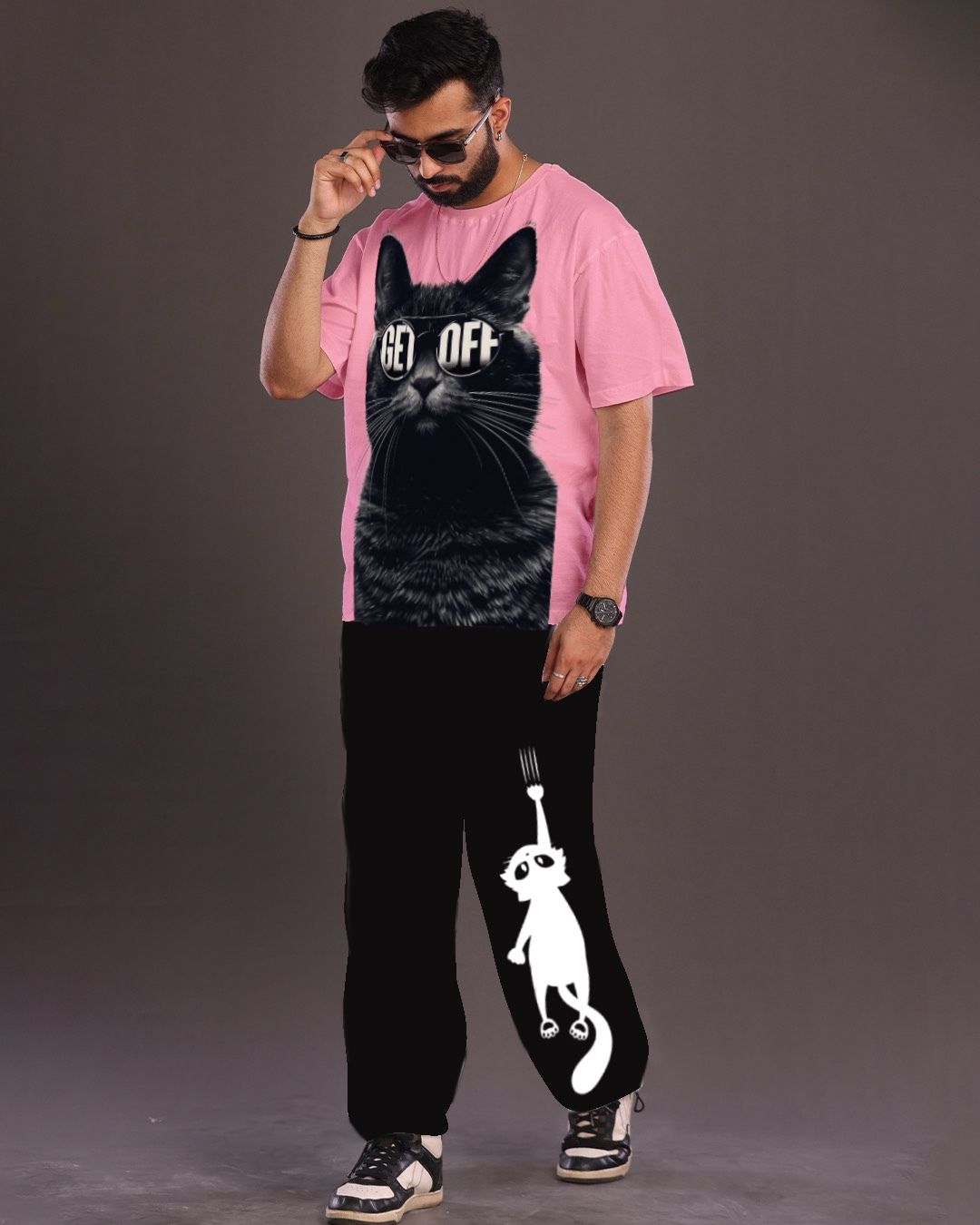 Cat Graphic: Pink and Black Oversized Men's Co Ord Set(*)